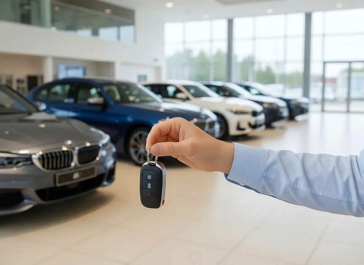 Mano sosteniendo las llaves de un coche frente a una fila de vehículos de lujo en un concesionario.